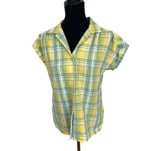 Vtg Womens Yellow Green Plaid Blouse Button Up Short Sleeve Shirt 80s Medium
